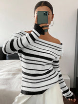 DAZY Women's Elegant Contrast Striped Off Shoulder Long Sleeve Fitted Sweater