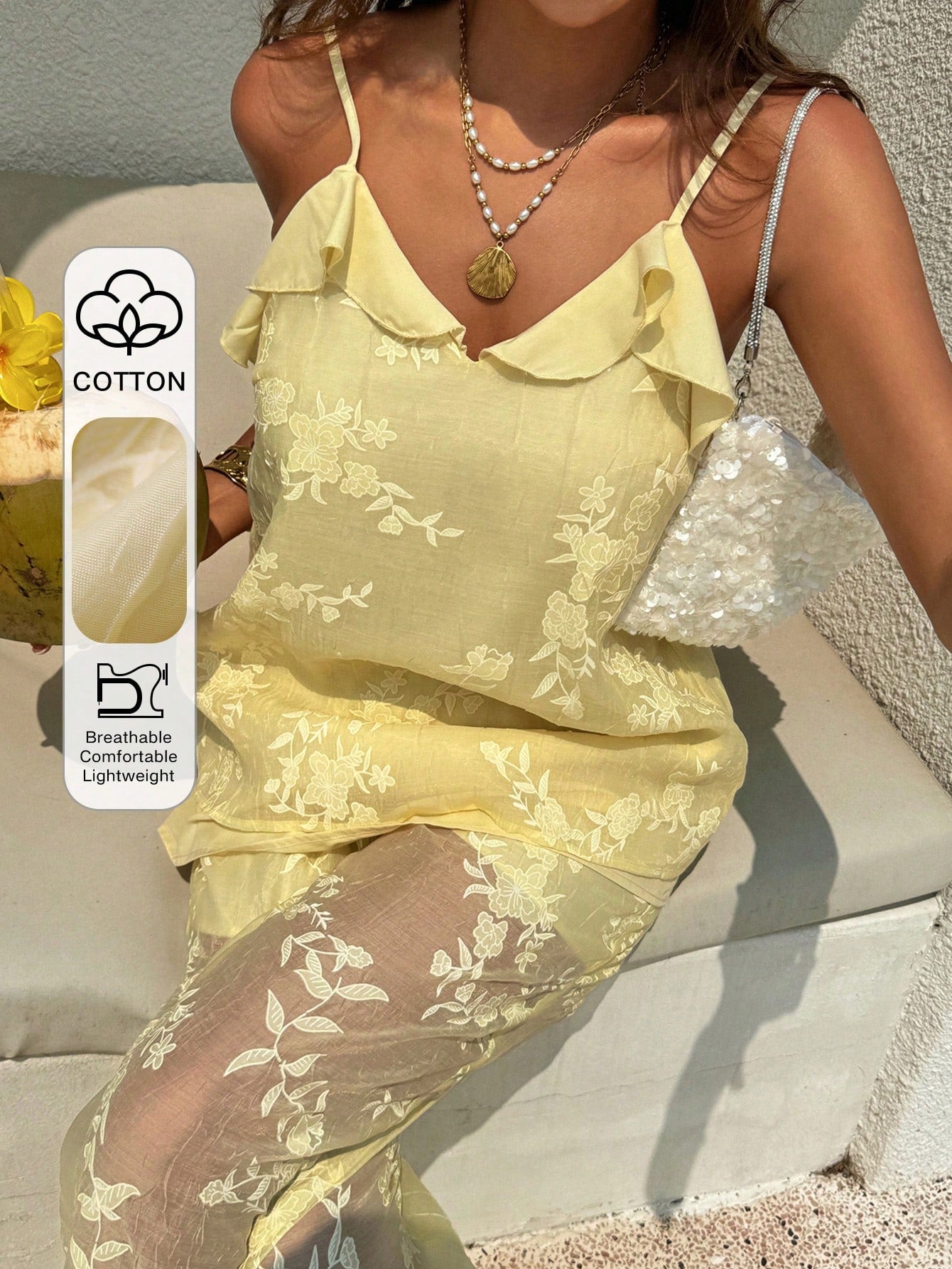 Woman wearing a yellow floral dress sitting outdoors with a cotton label overlay.