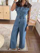 SHEIN DAZY Women's Casual Fashion Street Contrast PU Leather Sleeveless Cinched Waist Side Pocket Denim Jumpsuit