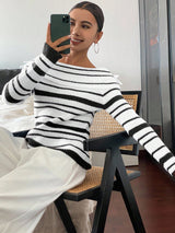 SHEIN DAZY Women's Elegant Contrast Striped Off Shoulder Long Sleeve Fitted Sweater