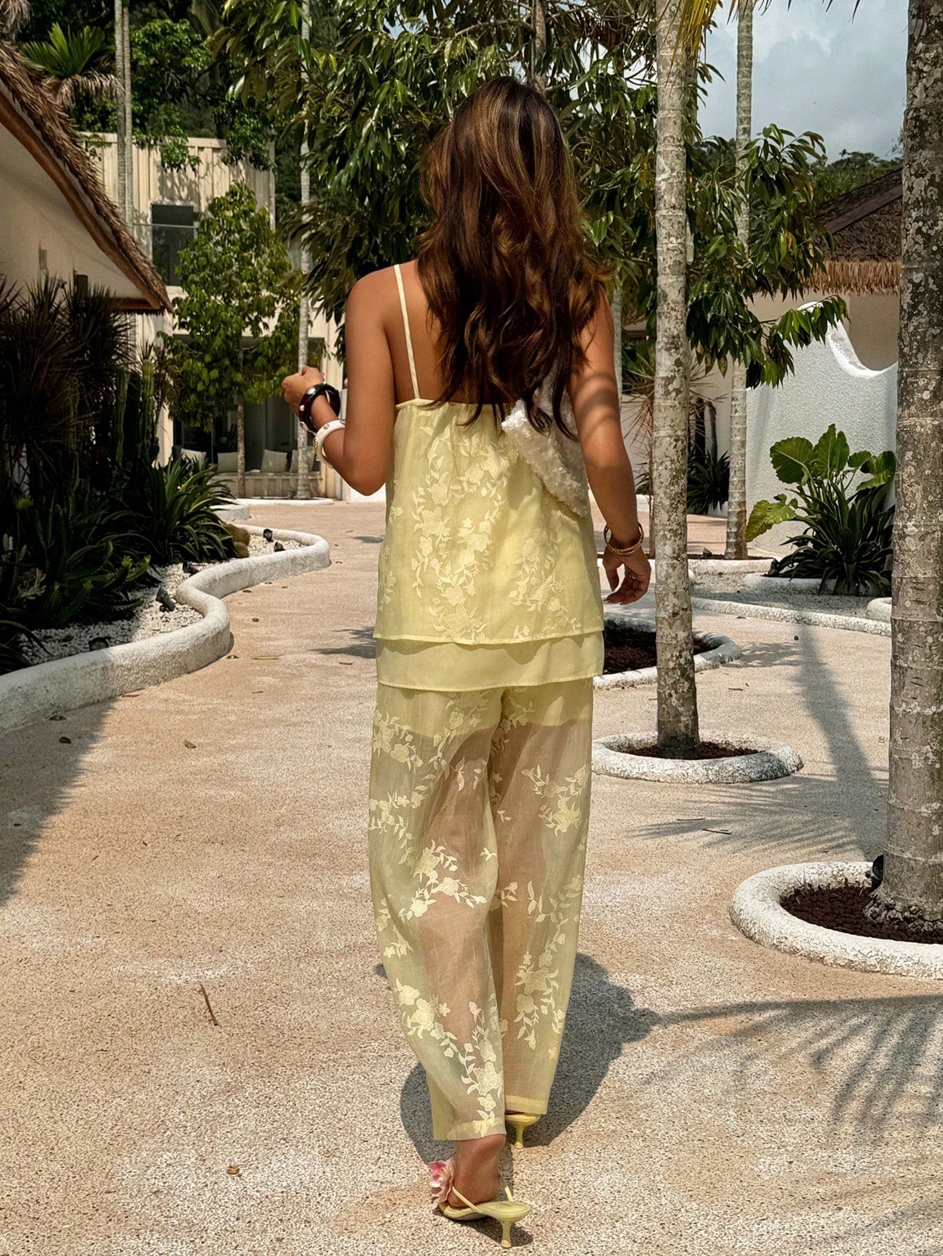 SHEIN DAZY Women's Loose Fit Yellow Ruffled Lace Camisole Top & Pants, Casual Beach Vacation Street Style, Spring & Summer Lounge Sets For Women