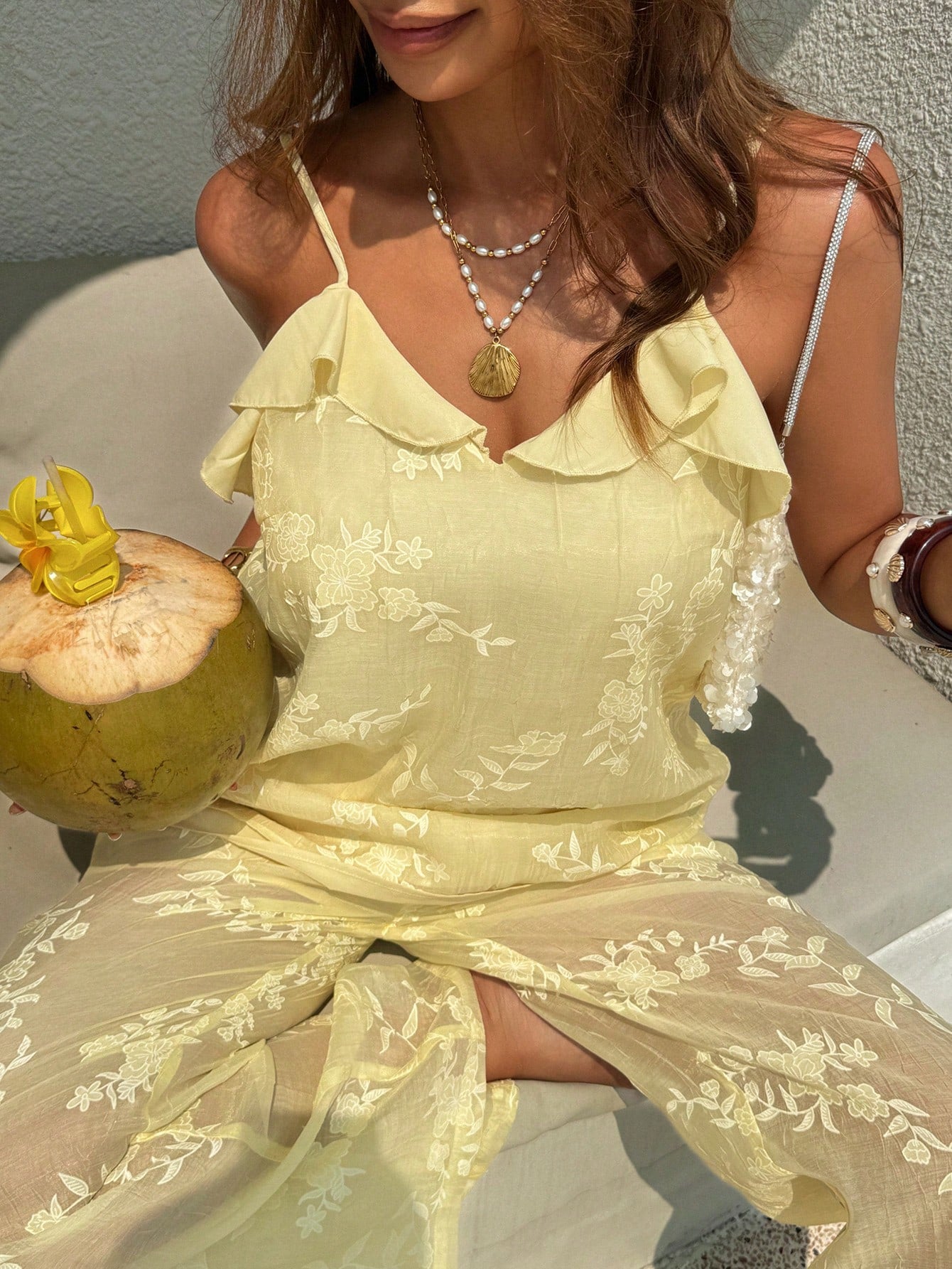 SHEIN DAZY Women's Loose Fit Yellow Ruffled Lace Camisole Top & Pants, Casual Beach Vacation Street Style, Spring & Summer Lounge Sets For Women