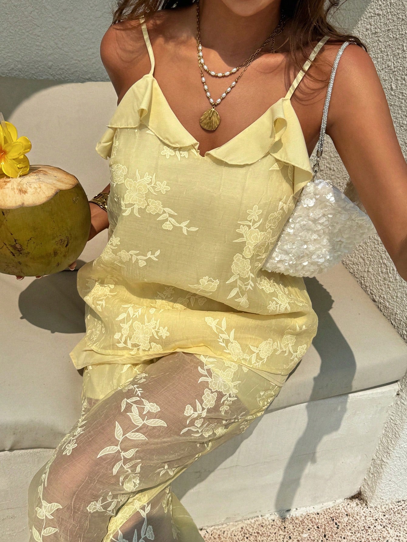 SHEIN DAZY Women's Loose Fit Yellow Ruffled Lace Camisole Top & Pants, Casual Beach Vacation Street Style, Spring & Summer Lounge Sets For Women