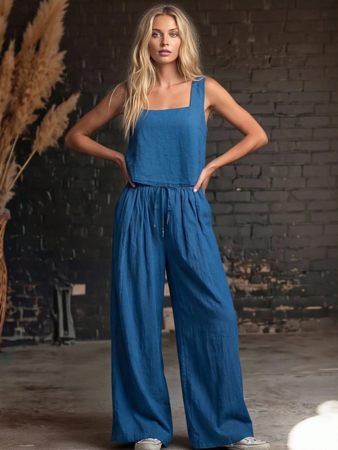 SHEIN EMERY ROSE 2pcs Women Denim Effect Vest And Pants Set