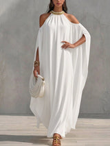SHEIN EMERY ROSE Draped Cold Shoulder Gold Sequin Embroidery Decor V-Neck Slit Long Sleeve Dress