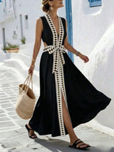 EMERY ROSE Sleeveless V-Neck Geometric Floral Print Waist Tie Bow Back Cutout Maxi Dress