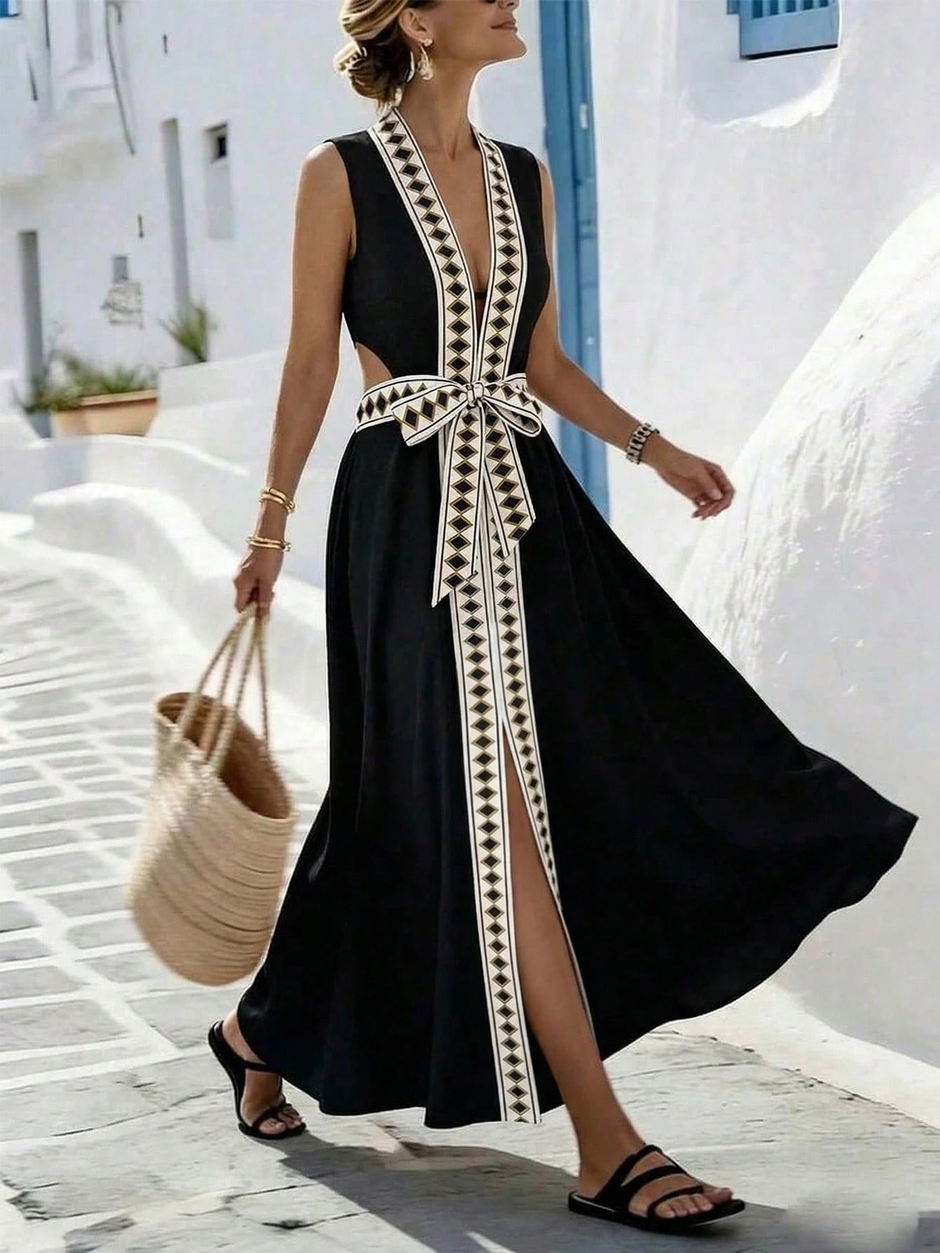 EMERY ROSE Sleeveless V-Neck Geometric Floral Print Waist Tie Bow Back Cutout Maxi Dress