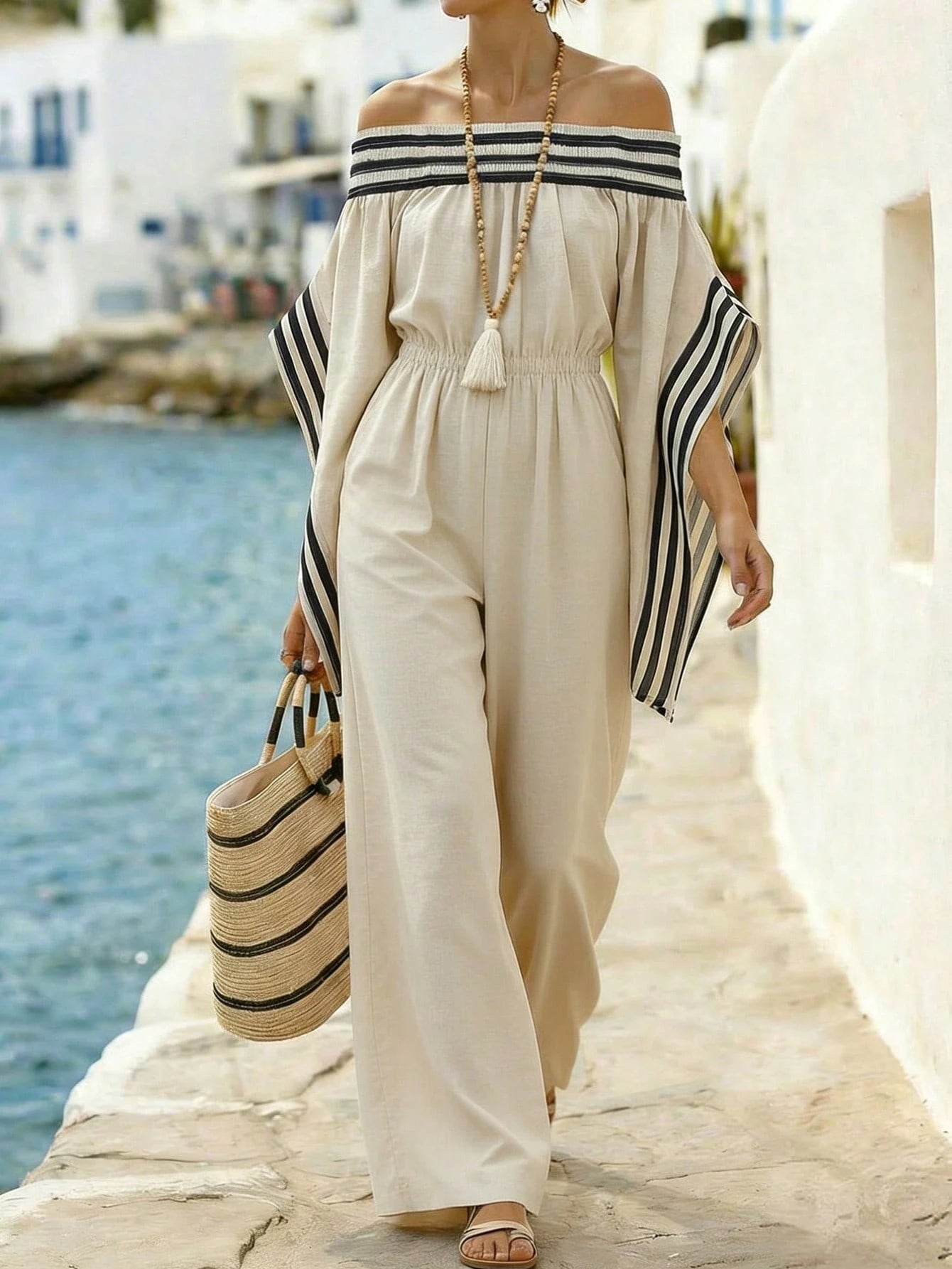 EMERY ROSE Women's Off-Shoulder Batwing Sleeve Khaki Linen-Like Striped Maxi Jumpsuit