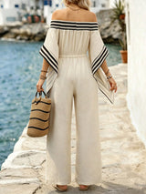 SHEIN EMERY ROSE Women's Off-Shoulder Batwing Sleeve Khaki Linen-Like Striped Maxi Jumpsuit