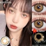 Person wearing brown contact lenses with close-up of lenses and EYESHARE branding.