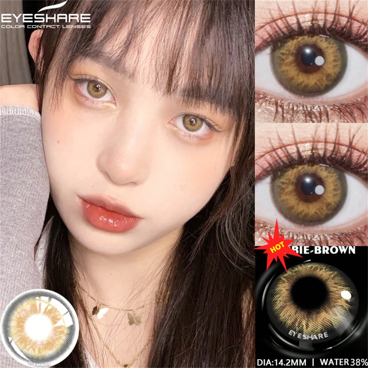 Person wearing brown contact lenses with close-up of lenses and EYESHARE branding.