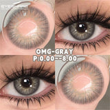 Collage of gray contact lenses with close-ups on eyes and lens packaging.