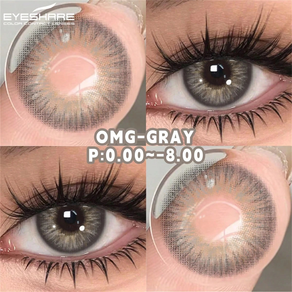 Collage of gray contact lenses with close-ups on eyes and lens packaging.