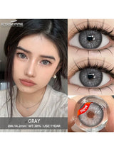Collage of a woman wearing gray contact lenses, close-up of eyes with lenses, and contact lens itself.