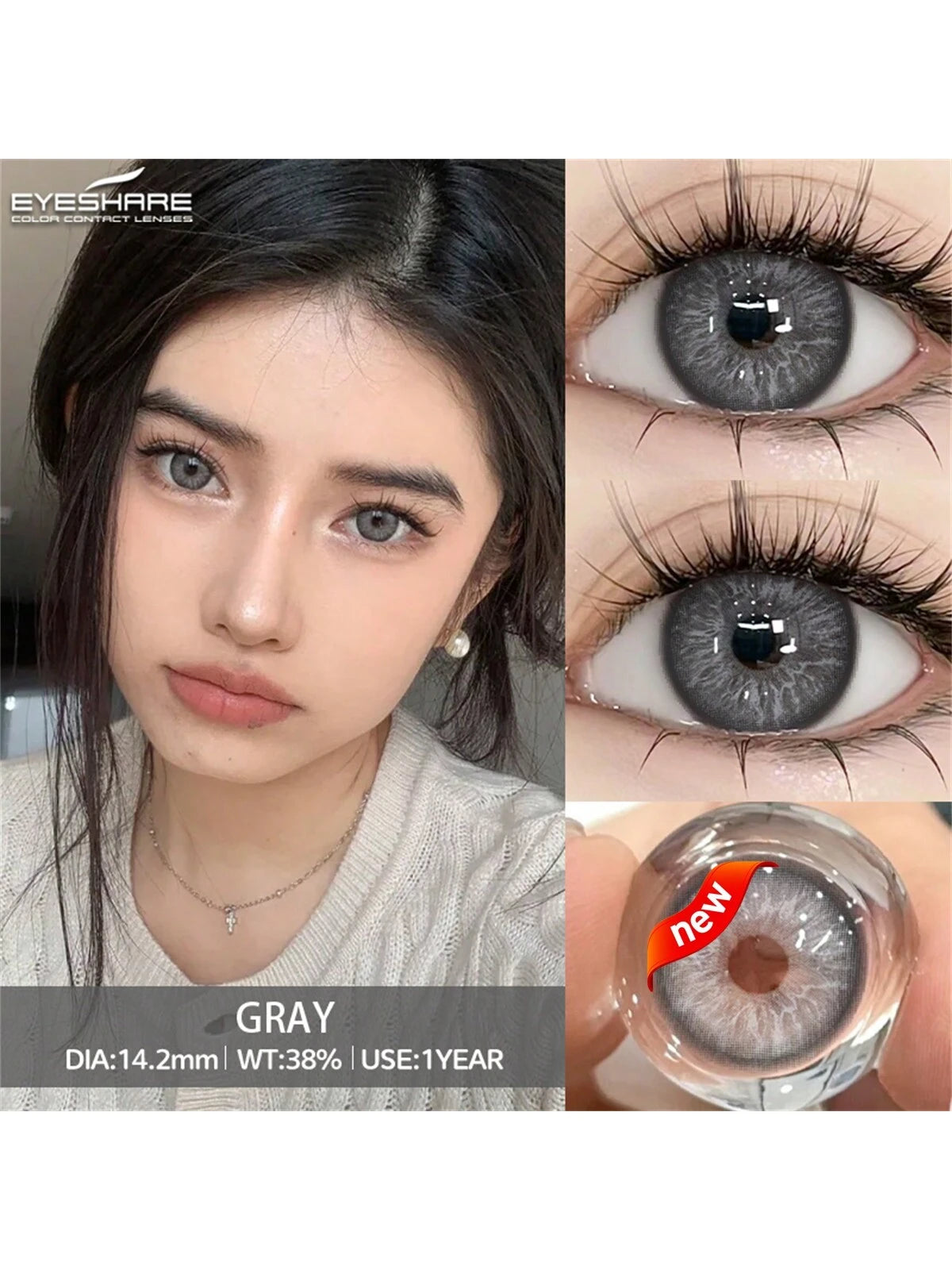 Collage of a woman wearing gray contact lenses, close-up of eyes with lenses, and contact lens itself.