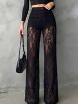 Elegant & Fashionable Versatile Lace Patchwork Sheer Faux Button Design Women Straight Leg Pants