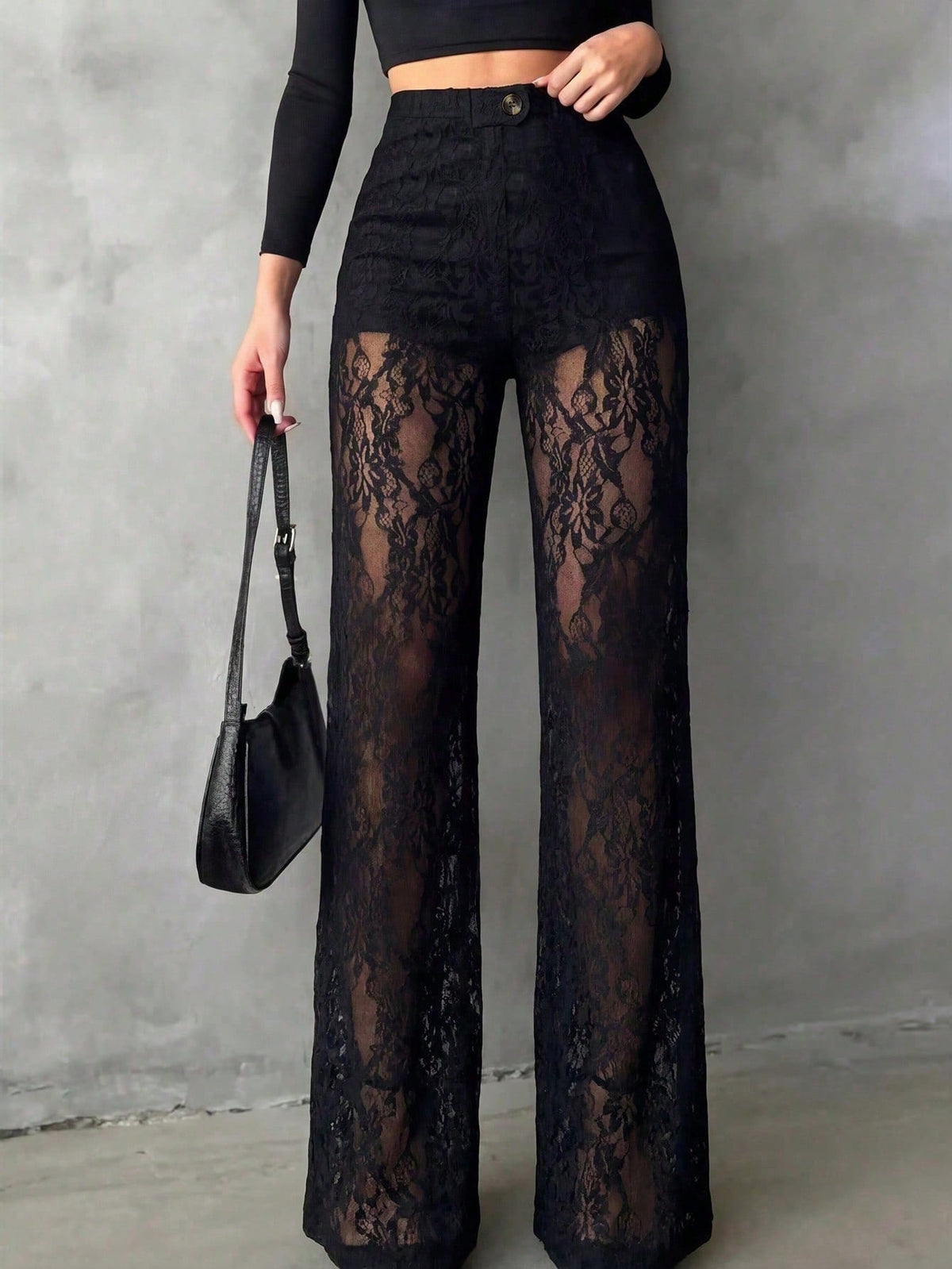Elegant & Fashionable Versatile Lace Patchwork Sheer Faux Button Design Women Straight Leg Pants