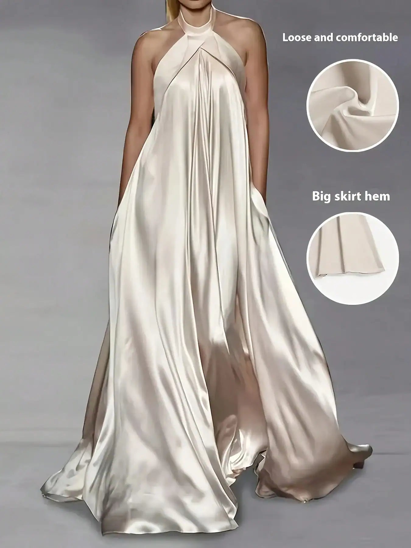 Elegant Satin Backless Maxi Dress, Flowing Solid Beige Color, Suitable For Weddings