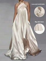 Elegant Satin Backless Maxi Dress, Flowing Solid Beige Color, Suitable For Weddings