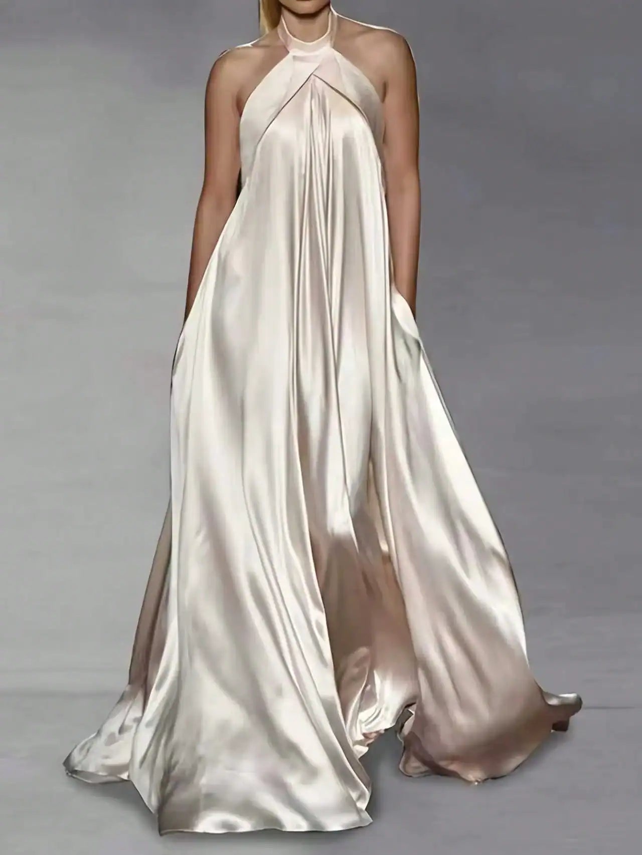 فستان شي إن الأنيق، فستان ماكسي بدون ظهر من الساتان 