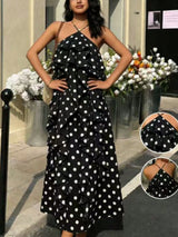 Elegant & SexyPolka Dot Strap Long Dress For Women, Boho Chic Ruffle Halter Dress