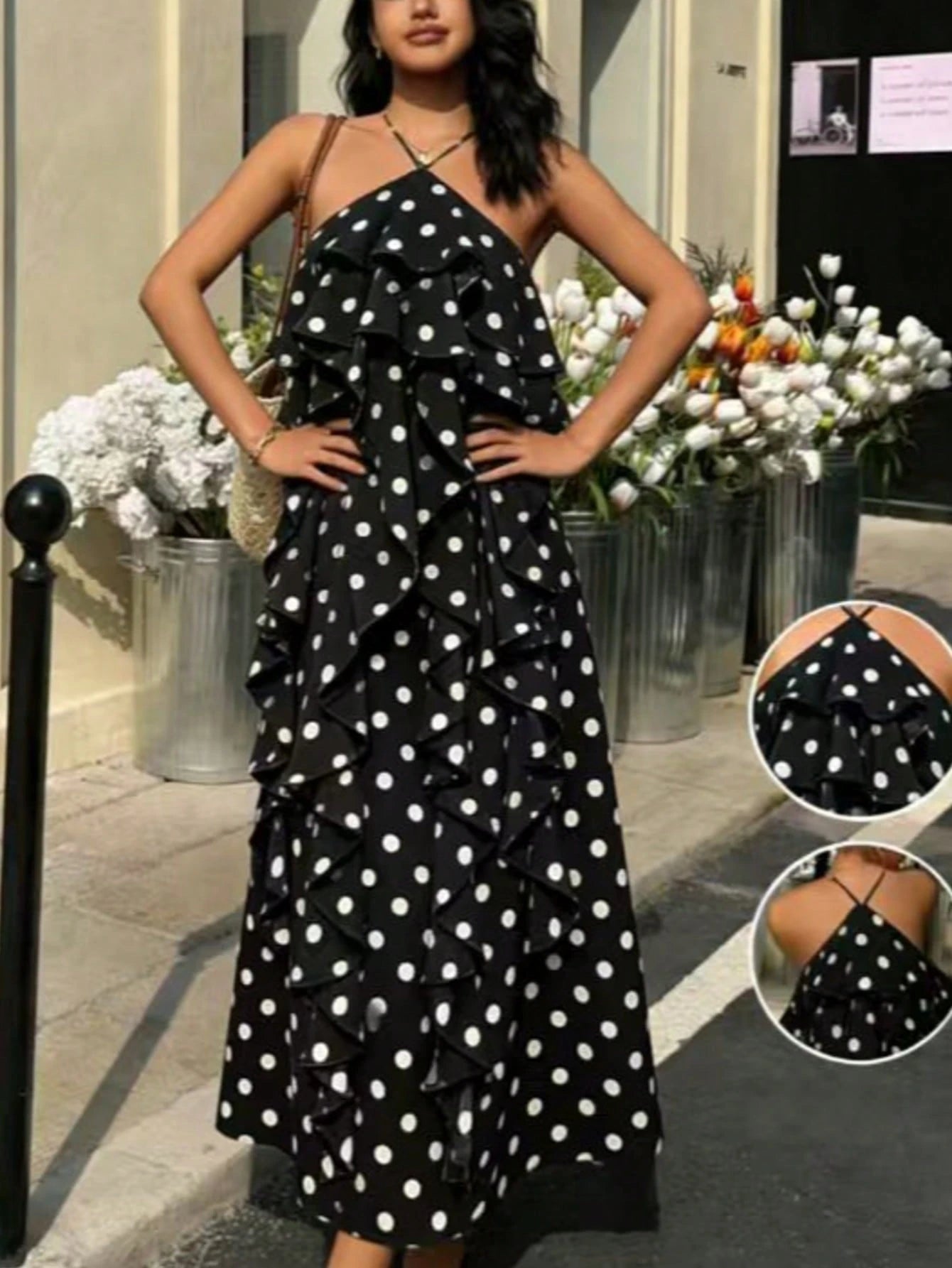 Elegant & SexyPolka Dot Strap Long Dress For Women, Boho Chic Ruffle Halter Dress
