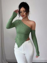SHEIN Elenzga Women Solid Color Off Shoulder Fitted Asymmetric Hem Long Sleeve Fuzzy Soft T-Shirt
