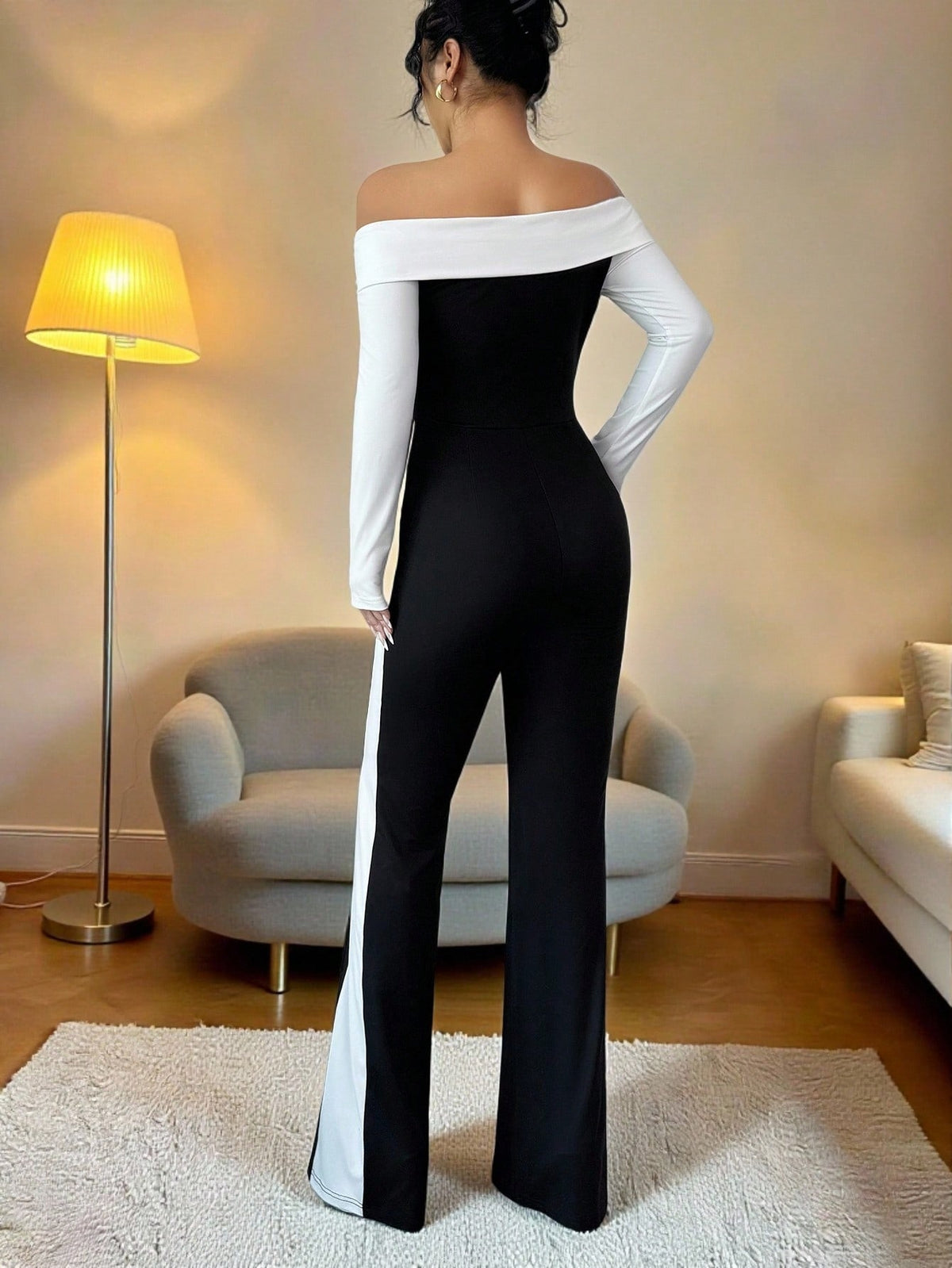 SHEIN Elenzga Women's Contrast Color Minimalist Daily Wear Off Shoulder Jumpsuit