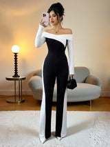 SHEIN Elenzga Women's Contrast Color Minimalist Daily Wear Off Shoulder Jumpsuit