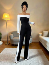 SHEIN Elenzga Women's Contrast Color Minimalist Daily Wear Off Shoulder Jumpsuit