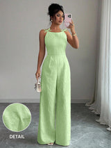 SHEIN Elenzga Women's Elegant Bowknot & Daisy Jacquard Fabric Waist Cinched Wide Leg Jumpsuit, Suitable For Daily Commute
