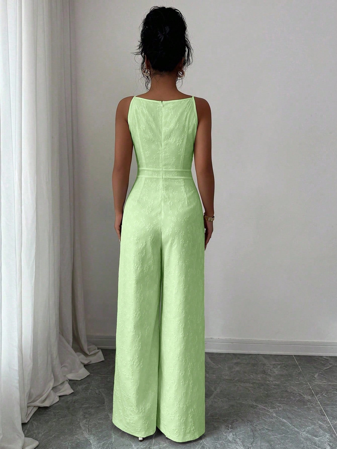 SHEIN Elenzga Women's Elegant Bowknot & Daisy Jacquard Fabric Waist Cinched Wide Leg Jumpsuit, Suitable For Daily Commute
