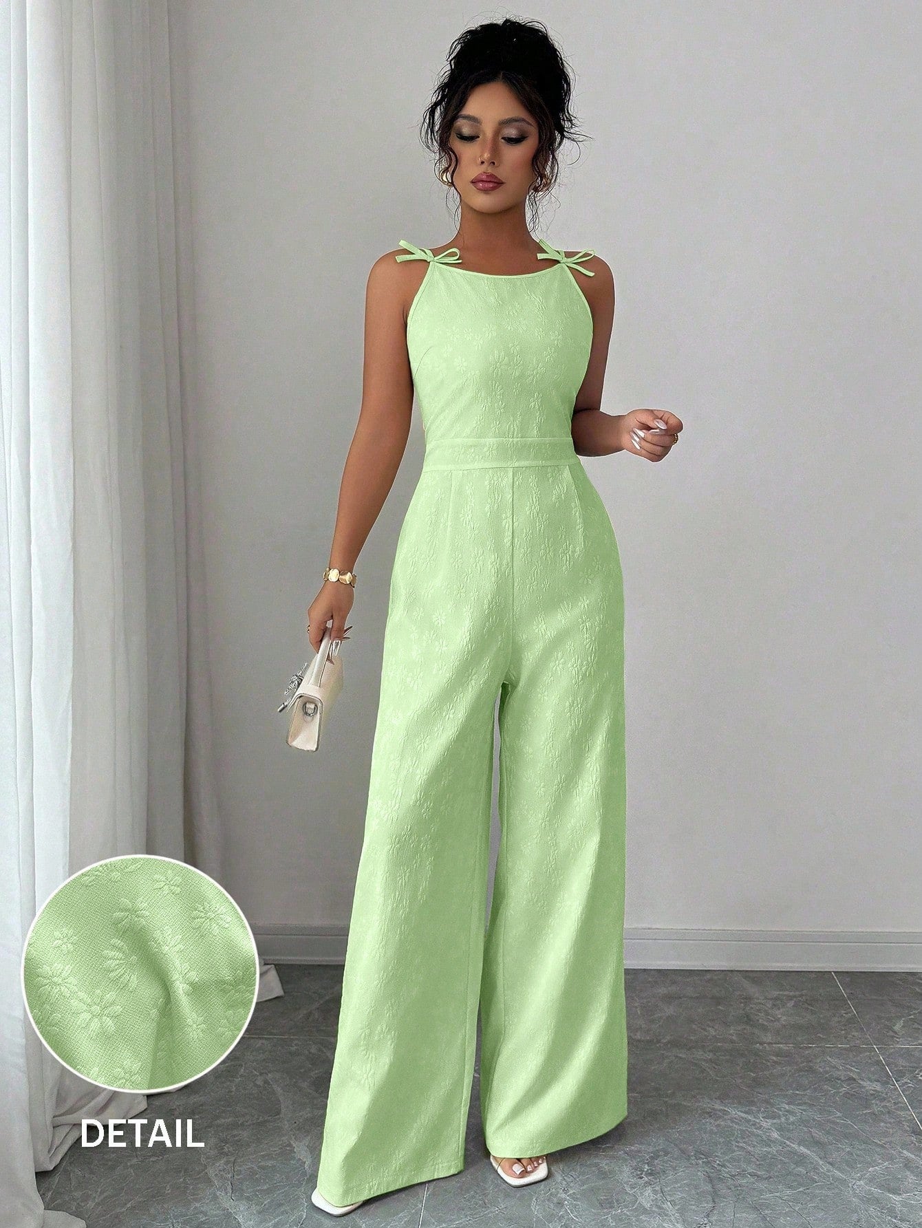 SHEIN Elenzga Women's Elegant Bowknot & Daisy Jacquard Fabric Waist Cinched Wide Leg Jumpsuit, Suitable For Daily Commute