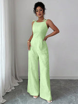 SHEIN Elenzga Women's Elegant Bowknot & Daisy Jacquard Fabric Waist Cinched Wide Leg Jumpsuit, Suitable For Daily Commute