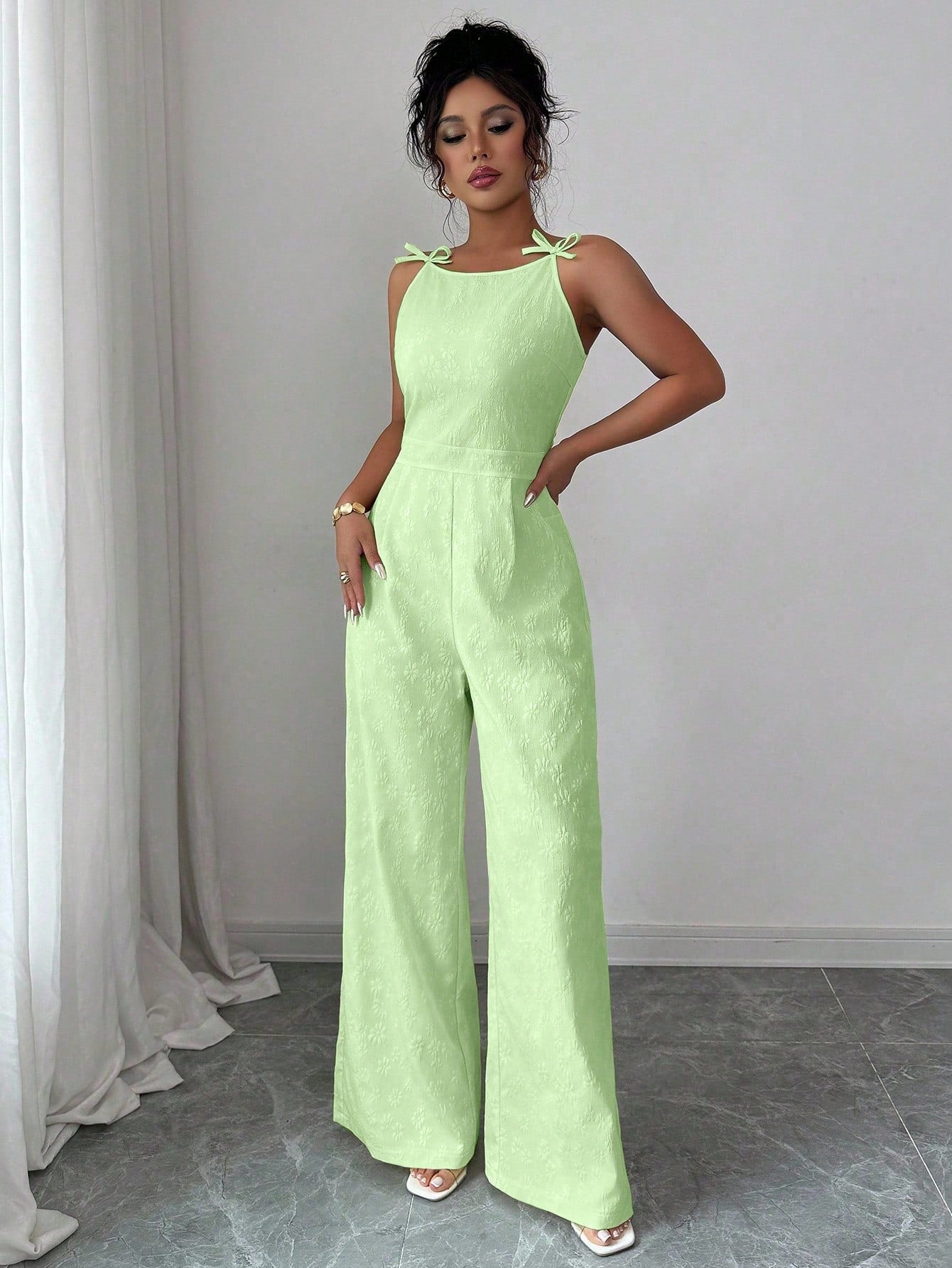 SHEIN Elenzga Women's Elegant Bowknot & Daisy Jacquard Fabric Waist Cinched Wide Leg Jumpsuit, Suitable For Daily Commute