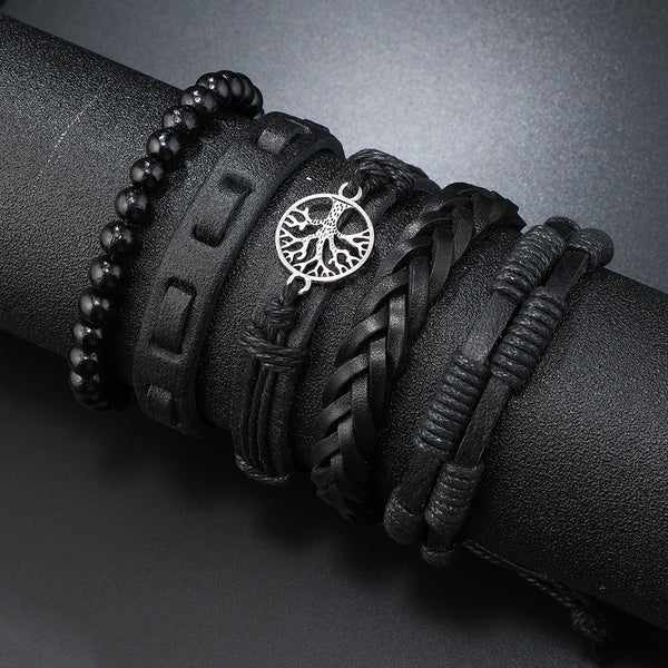 SHEIN 5pcs Punk Style Black Leather Tree Of Life Beaded Bracelets