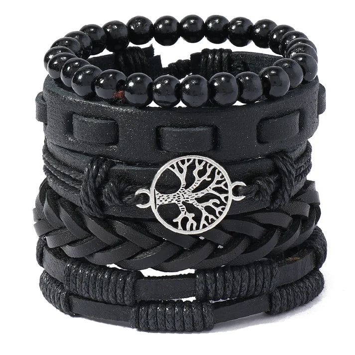 SHEIN 5pcs Punk Style Black Leather Tree Of Life Beaded Bracelets
