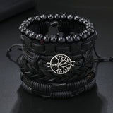 SHEIN 5pcs Punk Style Black Leather Tree Of Life Beaded Bracelets
