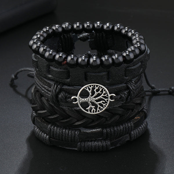 SHEIN 5pcs Punk Style Black Leather Tree Of Life Beaded Bracelets