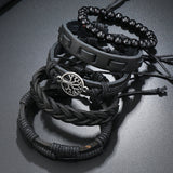 SHEIN 5pcs Punk Style Black Leather Tree Of Life Beaded Bracelets