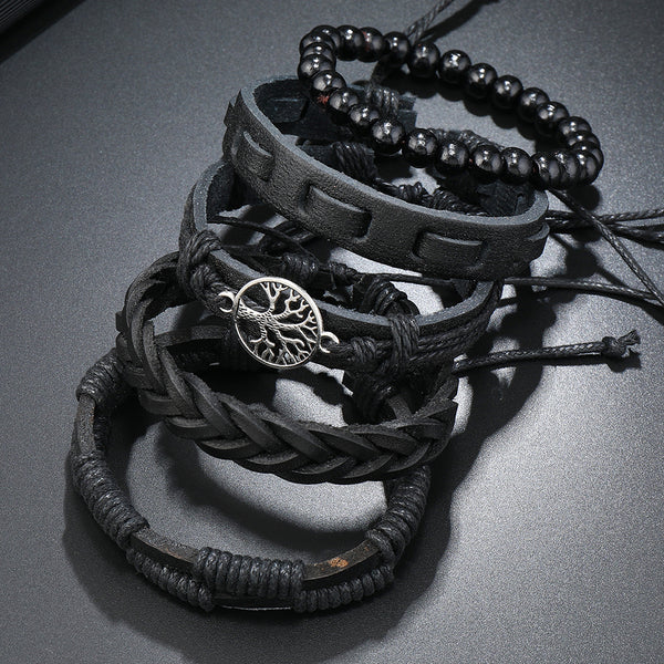 SHEIN 5pcs Punk Style Black Leather Tree Of Life Beaded Bracelets