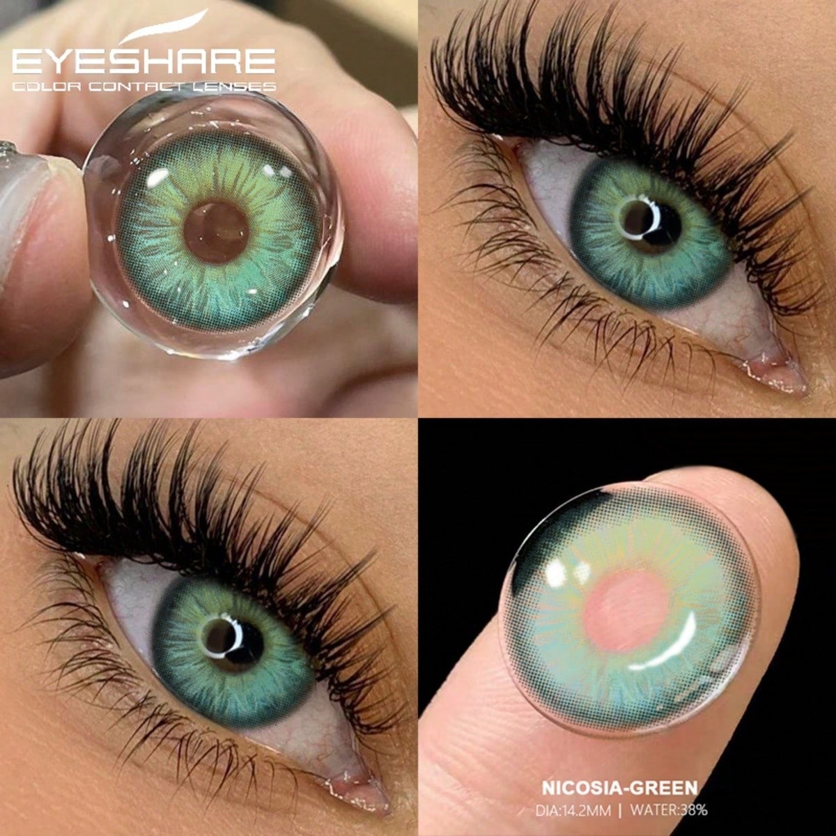 Four-panel collage showing a green contact lens: a hand holding the lens, the lens worn on a human eye with long eyelashes, the lens on a fingertip, and text reading 'NICOSIA-GREEN' and 'DIA:14.2MM | WATER:35%'.