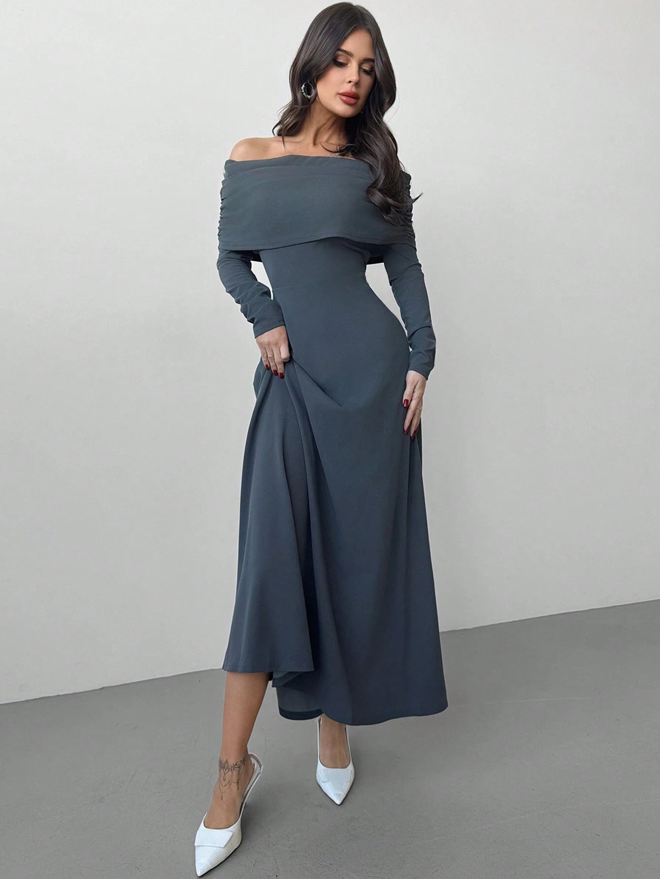 SHEIN Firerie Valentine's Day New Year Women's Elegant Long Sleeve Solid Color Pleated Off-Shoulder Dress