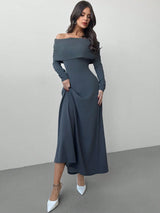 SHEIN Firerie Valentine's Day New Year Women's Elegant Long Sleeve Solid Color Pleated Off-Shoulder Dress