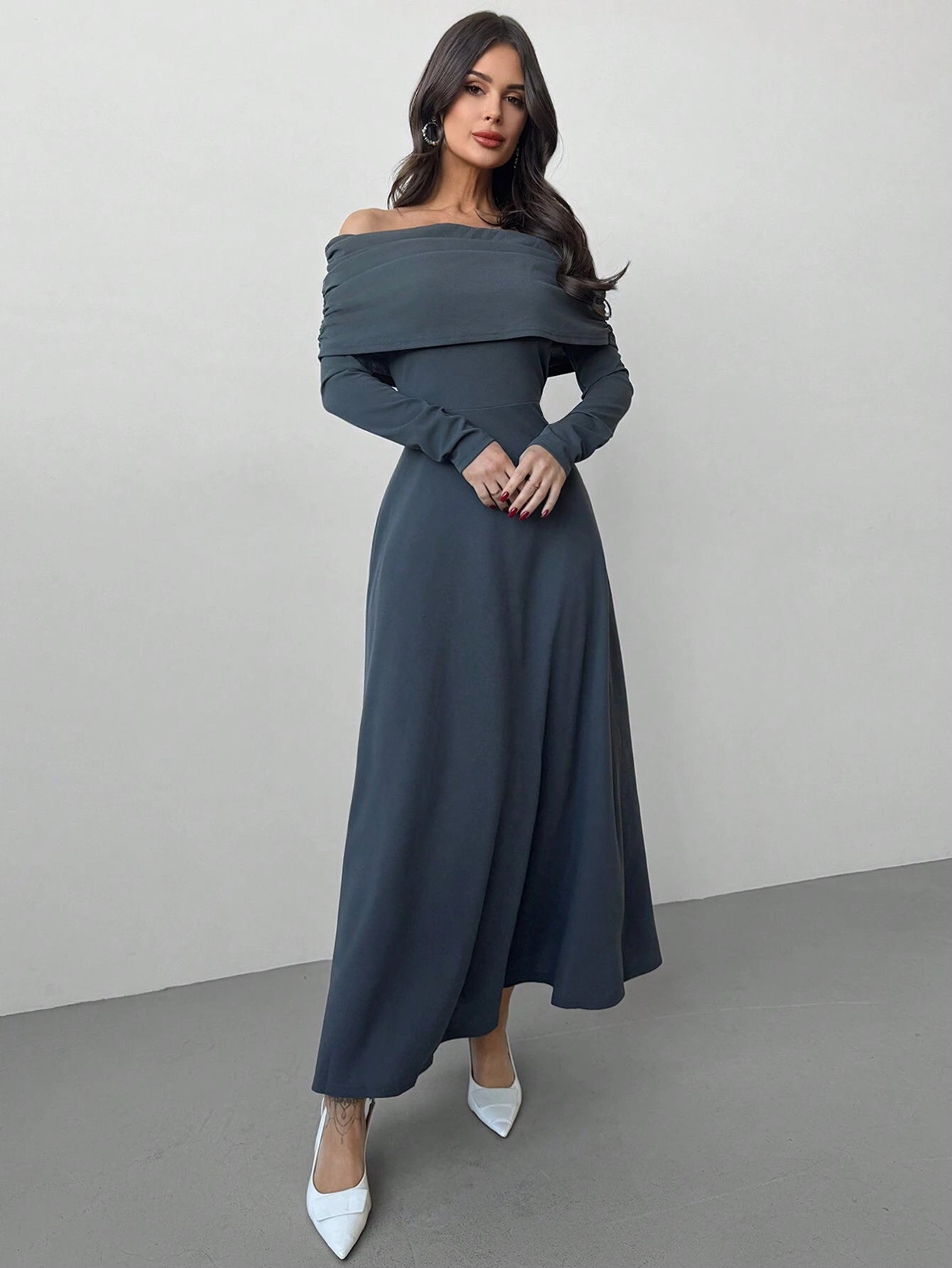 SHEIN Firerie Valentine's Day New Year Women's Elegant Long Sleeve Solid Color Pleated Off-Shoulder Dress