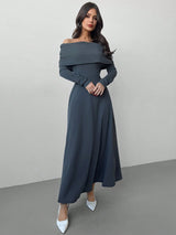 SHEIN Firerie Valentine's Day New Year Women's Elegant Long Sleeve Solid Color Pleated Off-Shoulder Dress