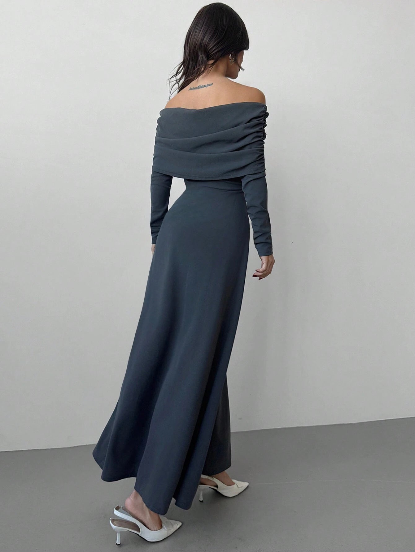 SHEIN Firerie Valentine's Day New Year Women's Elegant Long Sleeve Solid Color Pleated Off-Shoulder Dress
