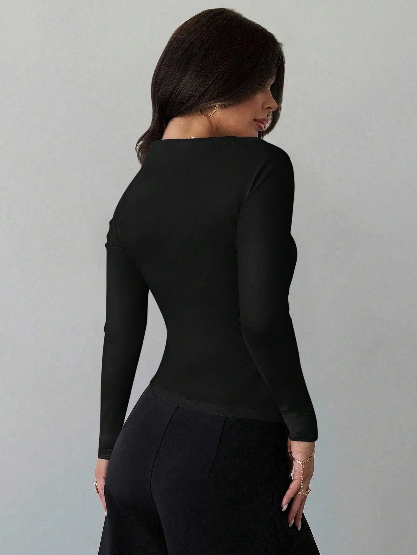 SHEIN Firerie Women's Elegant Asymmetric Shoulder Long Sleeve Wrap Ruched Tight Fitting Slim T-Shirt