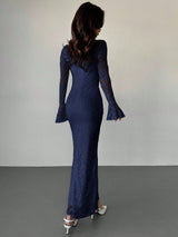 SHEIN Firerie Women's Elegant Navy Blue Lace Ruched Flare Sleeve Bodycon Midi Dress