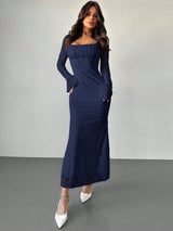 SHEIN Firerie Women's Elegant Navy Blue Lace Ruched Flare Sleeve Bodycon Midi Dress